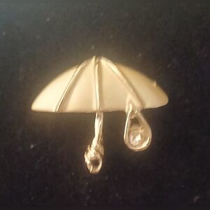 Gold Umbrella Brooch with Tear Drop Accent - Women Jewelry Brooches